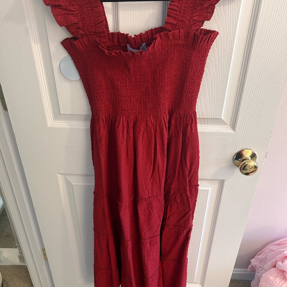 Hill House Red Smocked Flutter Sleeve Midi Dress